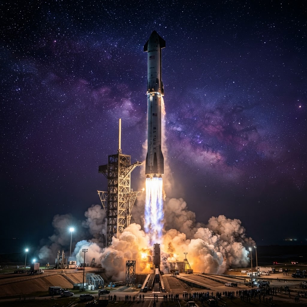 Rocket launching into a starry sky